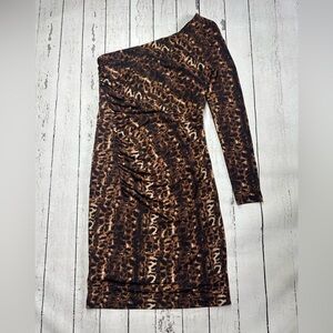 Calvin Klein One-Shoulder Leopard Print Dress in Brown and Black size 6